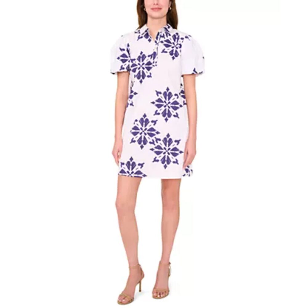 NWT MSK White Blue Geometric Puff Sleeve Cotton Mini Dress Large Shift Work